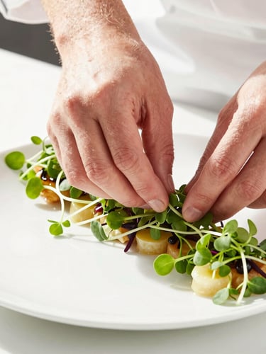 Close-up of chef hands garnishing a beautifully plated catering platter with fresh microgreens, bright high-key natural daylight, clean white background