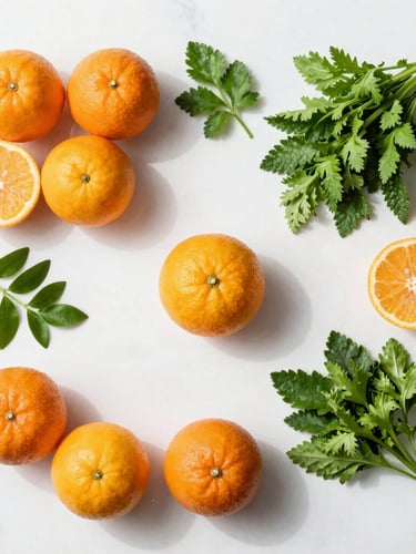 Overhead flat-lay of fresh citrus, vibrant green herbs, and raw ingredients on a clean white marble counter, bright natural daylight, crisp soft shadows