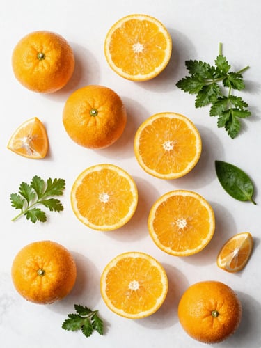 Overhead flat-lay of vibrant fresh citrus, green herbs, and raw ingredients on a clean white marble surface, bright natural daylight, sharp focus