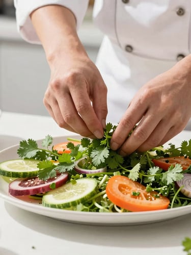 Close-up of chef hands in a bright modern kitchen, garnishing a vibrant catering platter with fresh cilantro, natural daylight, soft shadows, white background