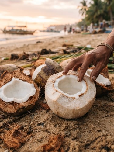 Close-up of fresh, raw coconuts with white flesh, partially husked, on a sandy beach at sunrise, soft natural light, wide panoramic 21:9 frame, a farmer's hand gently touching one coconut, shallow depth of field, warm editorial photography.
