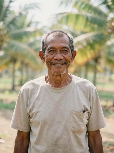 Medium portrait of an elderly Indonesian coconut farmer, Pak Wayan, with a warm smile, standing in his sun-drenched coconut grove, natural morning sunlight, soft organic green and sandy tones, shallow depth of field.
