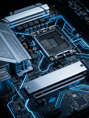 Close-up of a high-performance motherboard with glowing electric blue circuitry, low-key studio lighting, metallic silver reflections, sharp macro details.