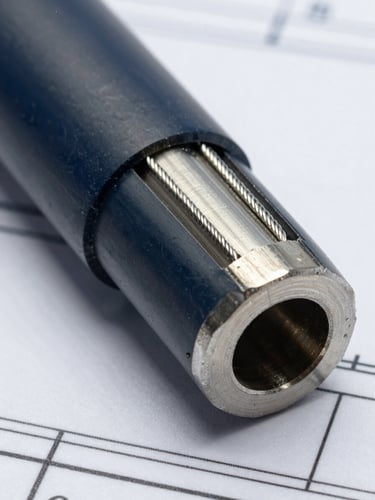 Macro shot of a hydraulic hose cross-section showing inner synthetic rubber tube, high-tensile steel wire reinforcement layers, and outer cover, technical blueprint style