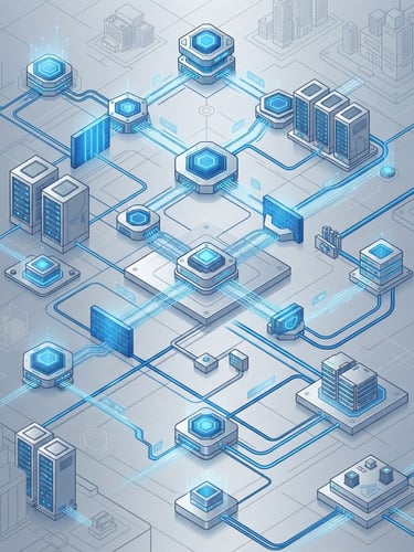 Isometric technical schematic of interconnected cybersecurity nodes and cloud data streams, glowing blue lines on a clean silver background, sharp geometric precision, studio lighting, corporate high-tech illustration