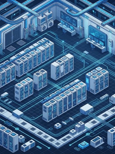 Minimalist vector illustration of an isometric secure data center network with clean blue and silver nodes, sharp geometric lines, high-tech corporate style