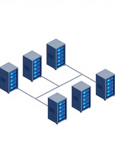 Minimalist vector illustration of a secure cloud data center network topology, clean isometric server racks with glowing blue nodes, silver-grey connection lines on a white background, highly structured and technical.