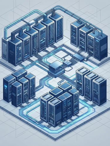 Minimalist vector illustration of clean isometric server racks and network topologies, corporate blue and silver palette, sharp geometric lines, high-tech.