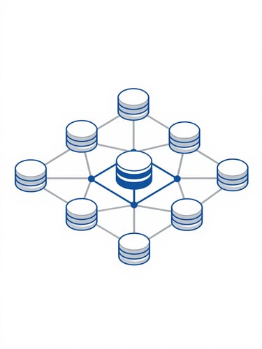Minimalist vector illustration of abstract network topologies and interconnected database nodes, corporate blue and silver palette, sharp geometric lines