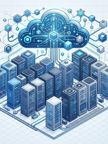 Minimalist vector illustration of clean isometric server racks and cloud architecture schematics, corporate blue and silver palette, sharp geometric lines, high-tech