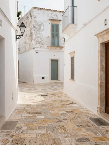 Bright editorial photography of a narrow whitewashed historic alley in Ceglie Messapica, soft morning Mediterranean light casting gentle shadows on the golden limestone pavement, empty and silent.