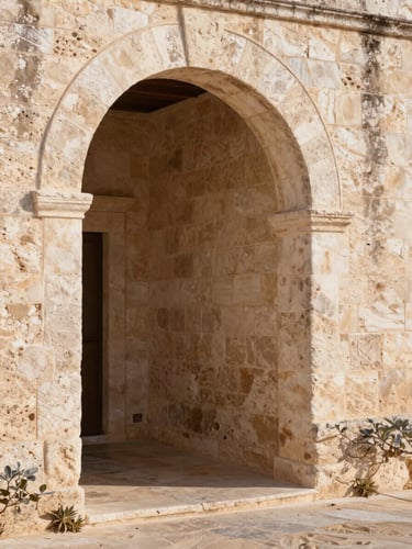 Soft morning light filtering through a historic stone archway in Puglia, highlighting the texture of dry limestone walls, warm sand colors, quiet editorial photography.