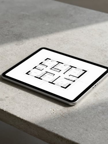 A sleek tablet displaying architectural floor plans on a concrete desk, soft natural shadows, minimalist aesthetic