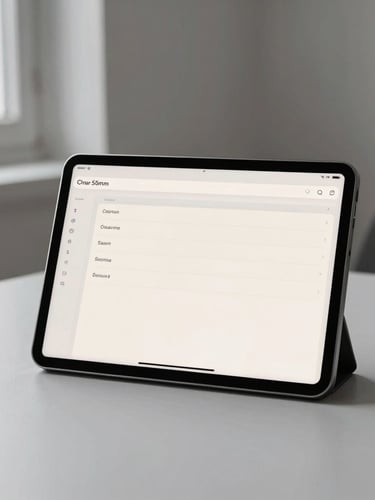 A minimalist workspace setup with a high-resolution tablet displaying a clean digital dashboard, soft natural window light, neutral gray tones, sharp focus, 50mm