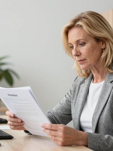 Close-up overhead flat-lay of organized legal compliance documents on a clean white desk, a pen resting on a neatly stacked folder, natural north-facing window light casting soft shadows, no people