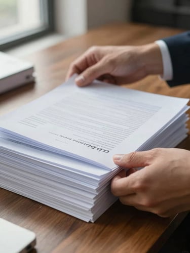 Close-up of hands carefully sorting and filing documents on an organized wooden desktop in a professional office, natural window light from the left, papers neatly aligned, no faces visible