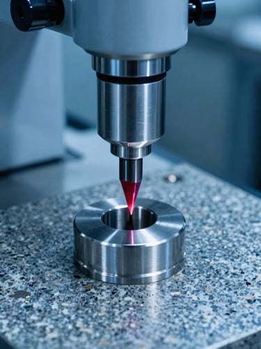A ruby-tipped CMM probe measuring a machined steel component on a granite surface plate, cool blue industrial lighting, high-contrast