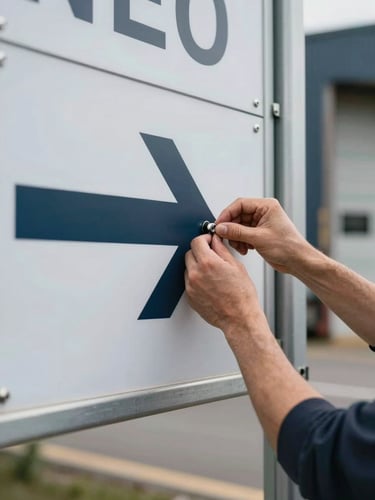 Close-up of large-format printed wayfinding signage being mounted to a temporary freestanding frame, installer's hands tightening a bolt, printed arrow graphic partially visible, even daylight from a loading dock