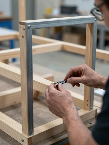Close-up documentary shot of a fabrication workspace inside an activation site — a crew member's hands applying hardware to a custom-built display structure, raw timber and steel visible, practical on-site lighting, factual framing showing physical making