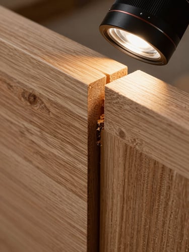 Extreme close-up of hardwood joinery on a custom scenic panel, hand-cut mortise and tenon joint, wood grain visible under raking side-light from a work lamp, sawdust in the gap