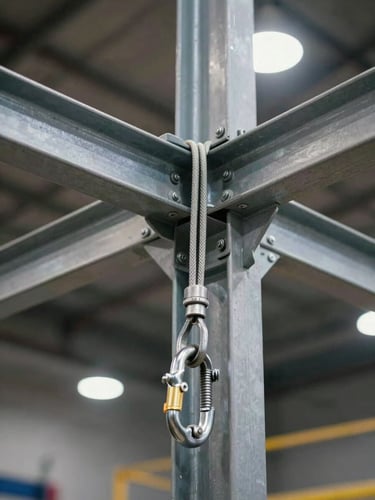 Close-up of steel truss connection point, shackle and safety cable attached, rigging hardware in sharp focus, blurred venue ceiling and industrial lighting in background, available overhead light