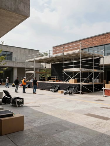 Ground-level wide shot of an outdoor plaza setup in progress, scaffolding stage structure partially assembled, crew members visible mid-work with equipment cases open on the ground, overcast daylight, concrete and brick architectural context