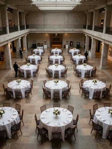 Wide overhead shot of a museum atrium floor being arranged for a gala, round tables with white linens in precise formation, crew members visible placing centerpieces, high industrial ceiling above, available light from skylights