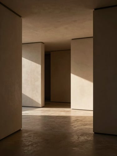 Architectural photography of a minimalist warm lighting showroom in Colombia, dramatic chiaroscuro lighting, deep shadows, elegant editorial mood, 35mm lens