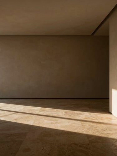 Warm minimal interior with precise artificial light paths casting elegant long shadows on a limestone floor, architectural photography, 35mm lens