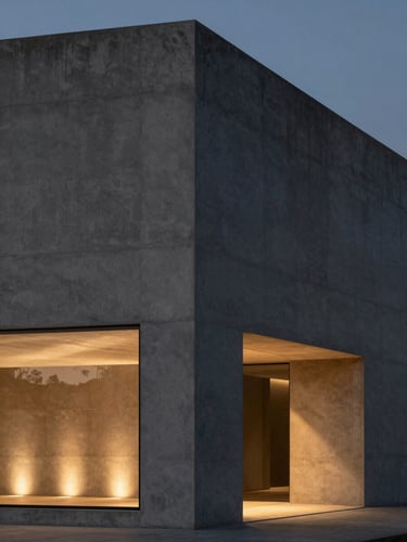 High-contrast architectural elevation of a concrete facade at dusk, warm integrated linear lighting grazing the texture, deep shadows, 35mm lens