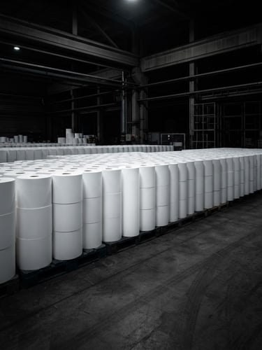 Wide panoramic industrial product photography, dramatic low-key studio lighting, high contrast, deep shadows, crisp white plotter paper rolls perfectly aligned in a warehouse, geometric angles, 50mm lens, a single roll slightly off-center to the left, expansive dark industrial background.