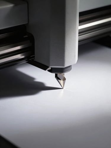 Close-up industrial product photography, dramatic low-key studio lighting, high contrast, deep shadows, a high-precision paper cutting machine blade reflecting light, focus on the sharp edge, geometric angles, 50mm lens.