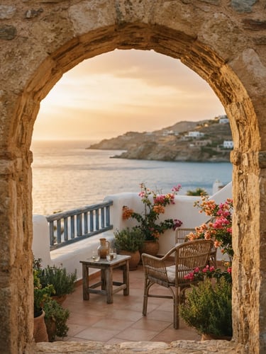Close-up of a stone archway framing a sun-drenched private terrace and calm sea at golden hour, warm editorial photography, 35mm film