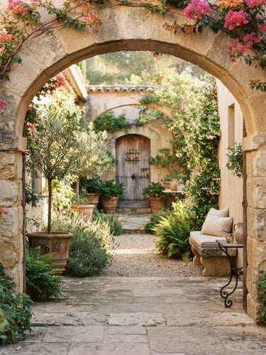 Sun-drenched stone archway of a restored Mediterranean villa, soft morning light reflecting on a quiet courtyard garden, warm editorial photography, 35mm film.