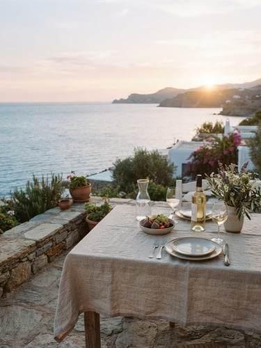 Low-contrast cinematic shot of a linen-draped table on a stone terrace overlooking the calm Mediterranean sea at dawn, soft golden hour light, 35mm film.