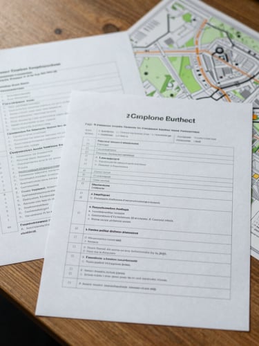 Overhead shot of structured paperwork, compliance checklists, and a map of project sites on a wooden table, soft natural light, 35mm lens.