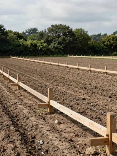 An editorial documentary photograph of an agricultural development site in the UK, captured under soft overcast natural light. In the foreground, structured timber irrigation frames are neatly aligned across a tilled field, showing precise, organized lines. Muted earth and deep forest green tones, 35mm lens.