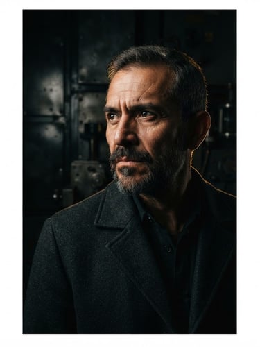 Guillermo Abraham Trejo Negrete, off-center portrait, looking intently, dramatic chiaroscuro lighting, deep shadows, subtle gold backlighting, gunmetal textures in background, cinematic wide-angle.
