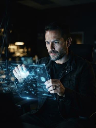 Guillermo Abraham Trejo Negrete in a dark, high-contrast environment, interacting with a subtle holographic interface, electric blue light reflecting on his face, cinematic wide-angle.