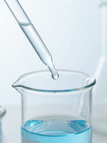 Close-up of a scientific glass beaker with a blue liquid, a pipette precisely adding a clear solution, under bright laboratory lighting, macro depth of field.
