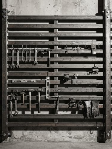 Straight-on architectural elevation of a heavy steel slatted wall mount rack anchored to studs, hard side shadows, high contrast