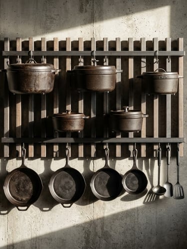 Straight-on architectural elevation of a slatted wall-mount pot rack holding heavy cast-iron Dutch ovens, hard directional side-light, distinct slatted shadows, high contrast