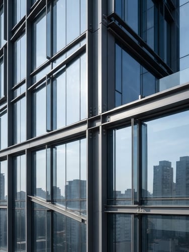 Sharp architectural close-up of a modern corporate building facade in São Paulo, steel and glass geometry, bright neutral daylight, clean lines, cool tones.