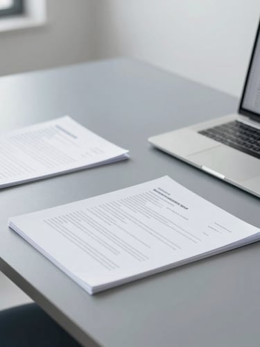 An organized minimalist office desk with structured documents, a clean laptop showing data charts, sharp focus, cool slate tones, bright daylight.