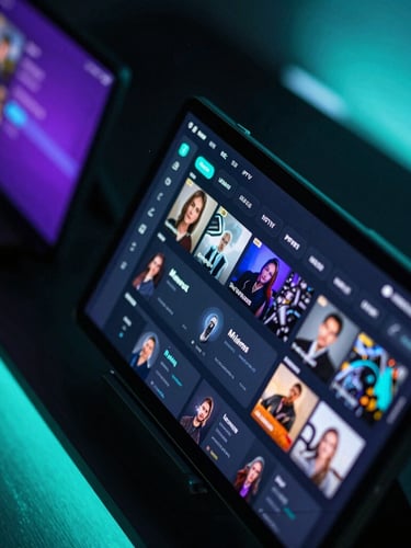 Sleek technology photography, dark low-key lighting, neon teal ambient glow, sharp macro focus on a modern IPTV management dashboard displaying active user metrics on a tablet, 35mm lens