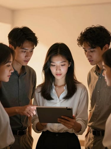 A crisp, authentic portrait of a diverse group of young professionals collaborating over a tablet, soft diffused warm orange studio lighting, subtle backlighting, modern minimalist background.