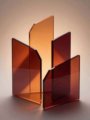 Abstract fluid glass shapes reflecting warm orange and deep maroon light, isometric angle, soft studio lighting with subtle backlighting, high-fidelity depth