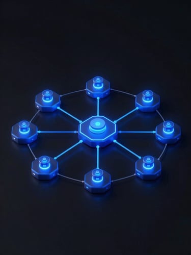 Diagrama abstracto de arquitectura de IA basado en nodos, con un brillo digital de alto contraste y acentos azules eléctricos sobre un fondo oscuro.