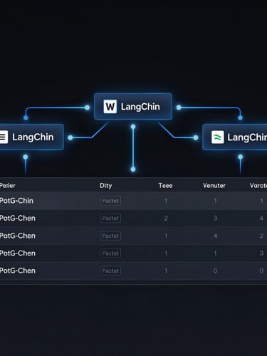 Sleek dark-mode digital diagram of a database architecture, showing PostgreSQL tables connected to LangChain vector nodes with glowing electric blue lines, crisp studio render