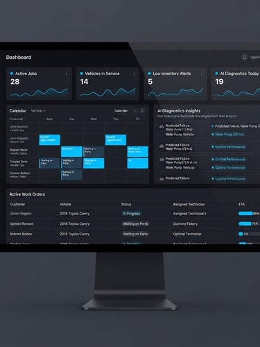Captura de pantalla de una interfaz de usuario de un software SaaS de gestión de talleres mecánicos con IA, en modo oscuro, con acentos azules eléctricos y elementos de interfaz de usuario limpios. Disposición de escritorio recta y nítida.